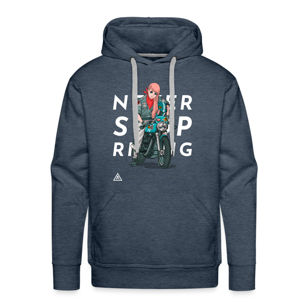 NEVER STOP RIDING Premium Hoodie - heather denim